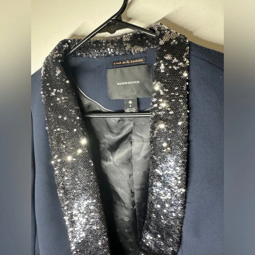 Maison Scotch Navy Blue Black Sequin Single Button Closure Tuxedo Blazer Size 1